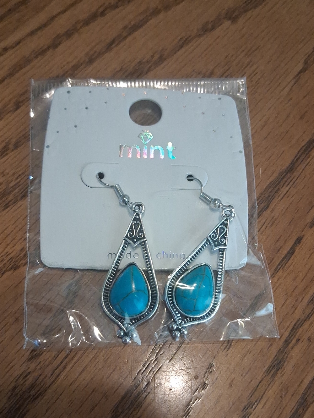 Mint Silver-Tone Filigree Drop Earrings with Blue Stone